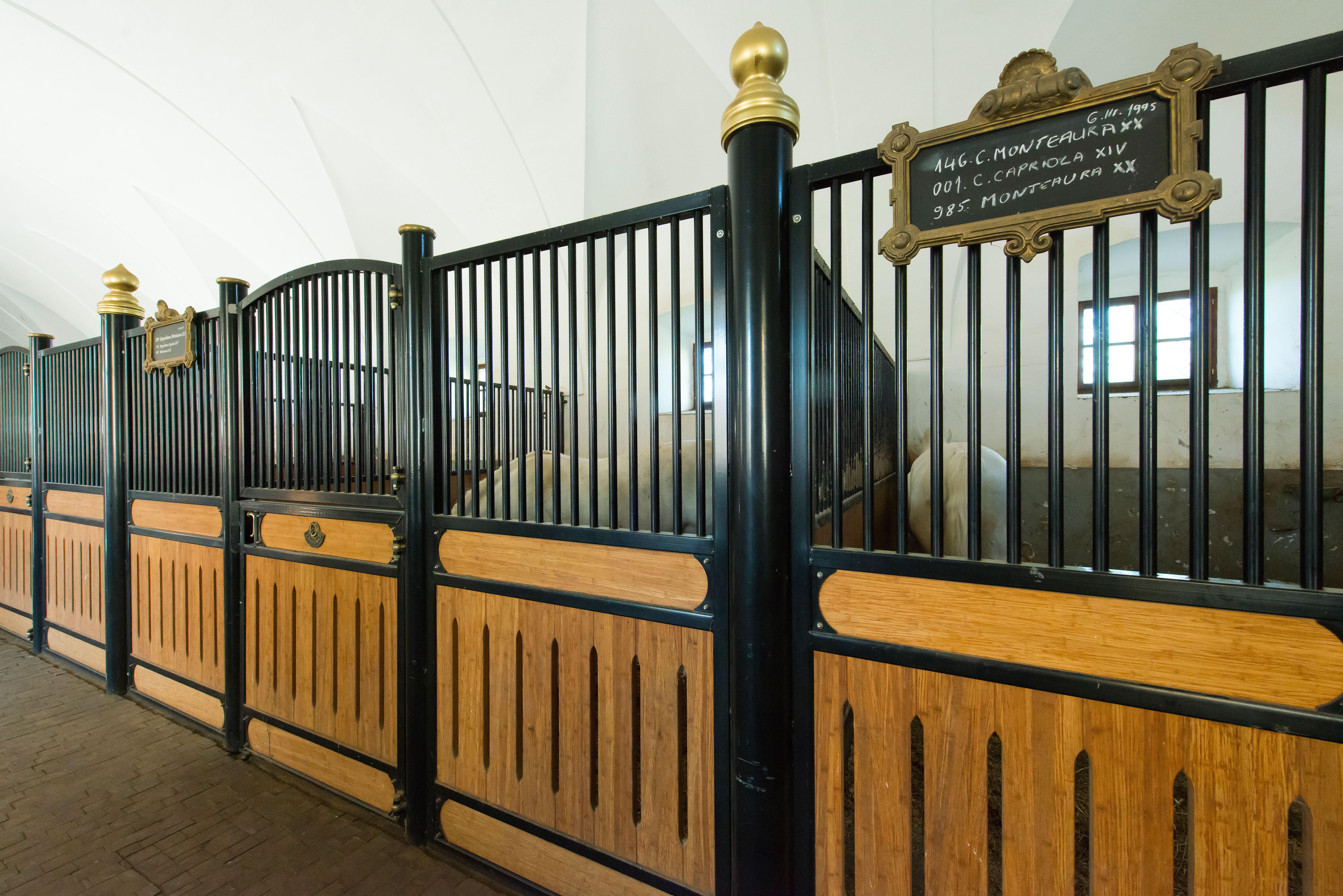 Ornate European equestrian stalls with brass finials